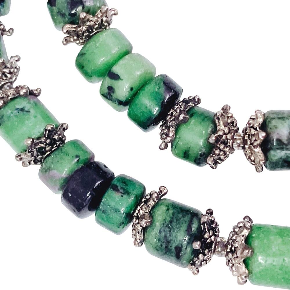 Genuine Ruby in Zoisite Green Gemstone Bead Necklace Silver Tone Artisan Choker